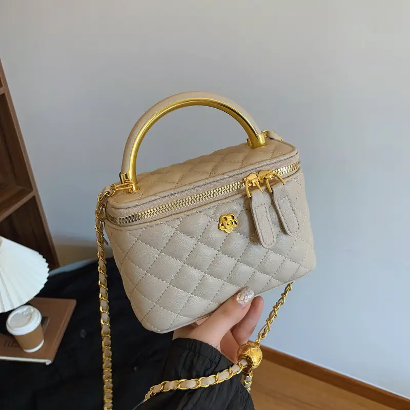 White Rhombic Crossbody Bag with Gold Chain - Image 10