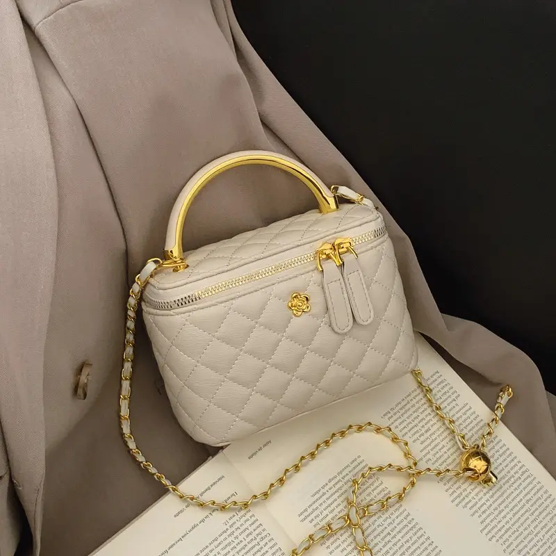 White Rhombic Crossbody Bag with Gold Chain - Image 11