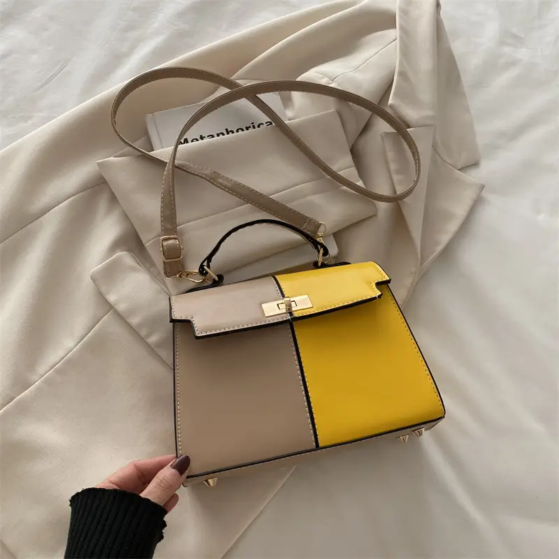 Women's White Brown Crossbody Bag with Gold Lock - Image 3
