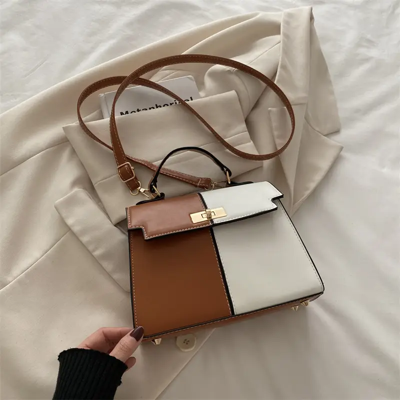 Women's White Brown Crossbody Bag with Gold Lock - Image 4