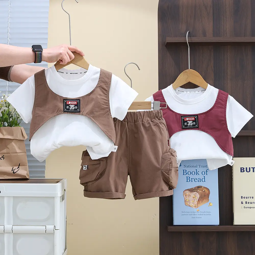 2025 Summer Boys Cotton T-Shirt Shorts Set Brown White - Image 4