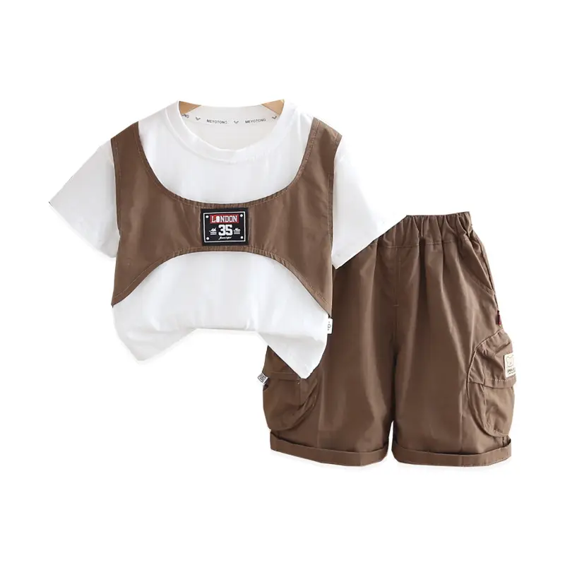 2025 Summer Boys Cotton T-Shirt Shorts Set Brown White - Image 6