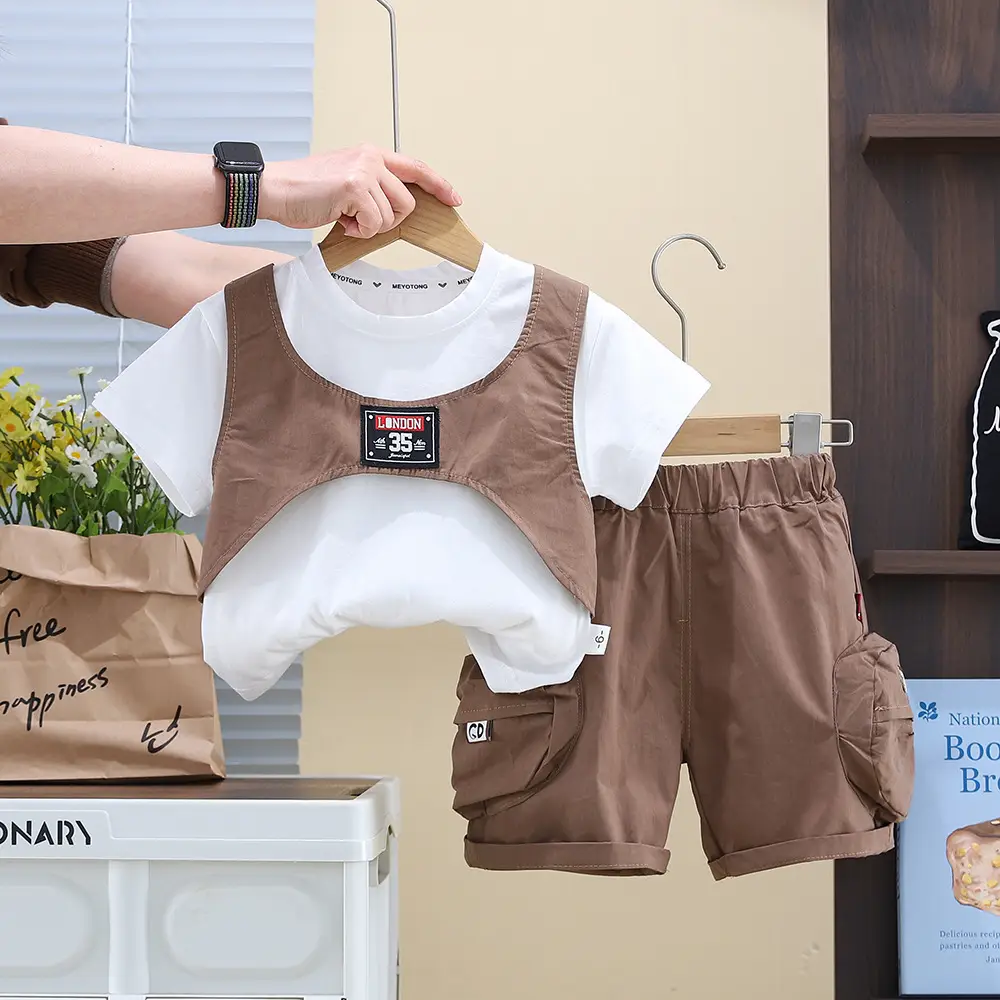 2025 Summer Boys Cotton T-Shirt Shorts Set Brown White - Image 2
