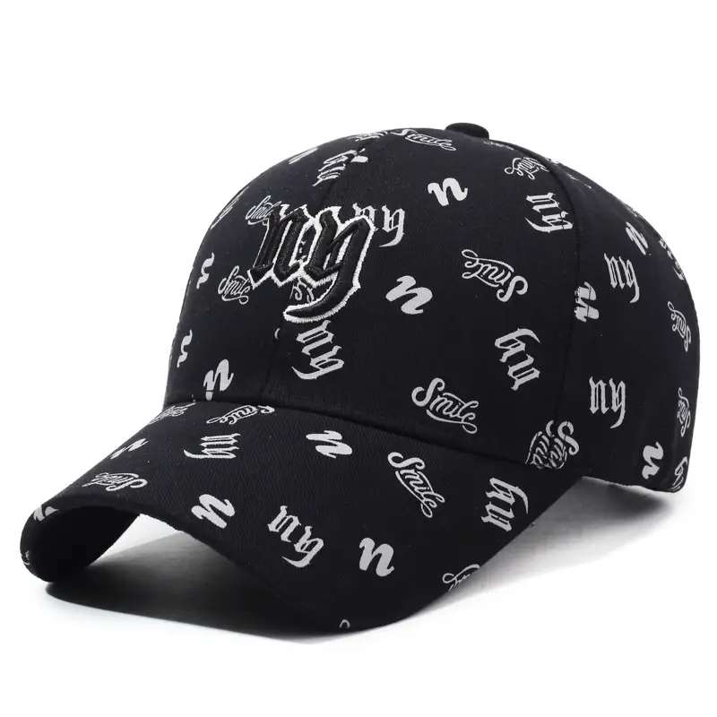 Black Embroidered Baseball Cap with White Letter Print