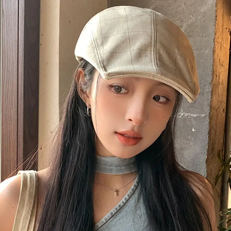 Women's Designer Spring Cap Black Grid Artistic Beret
