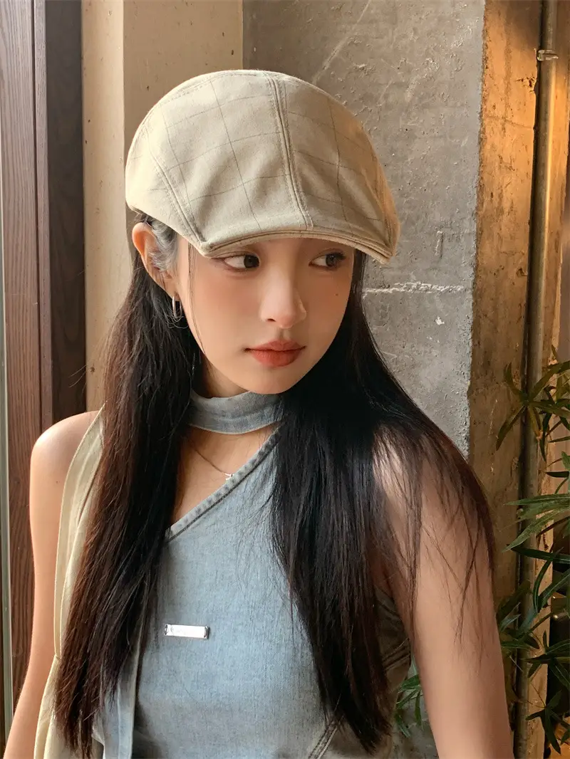 Women's Designer Spring Cap Black Grid Artistic Beret — feature 7
