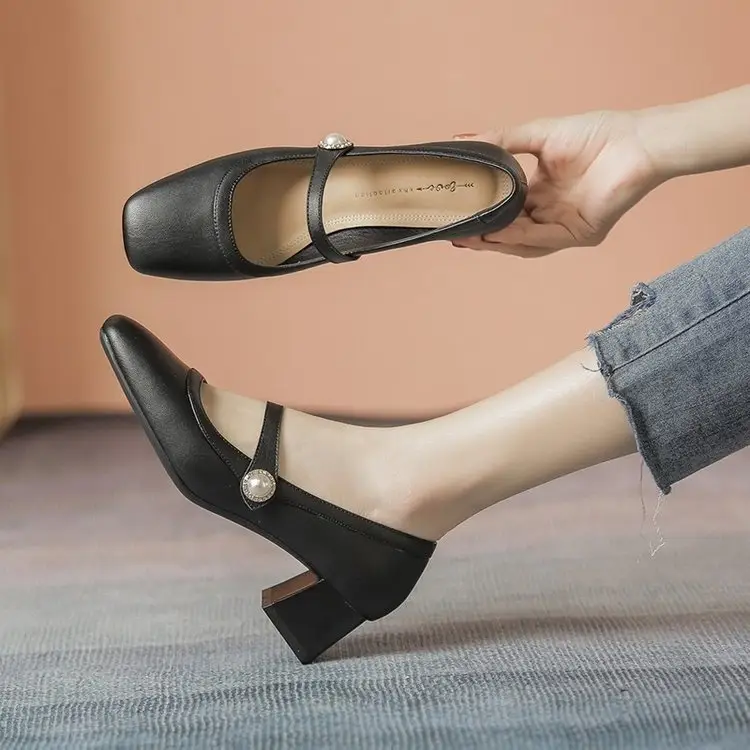 Women's White Square Toe Heel Mary Shoes 2025 Spring - Image 3