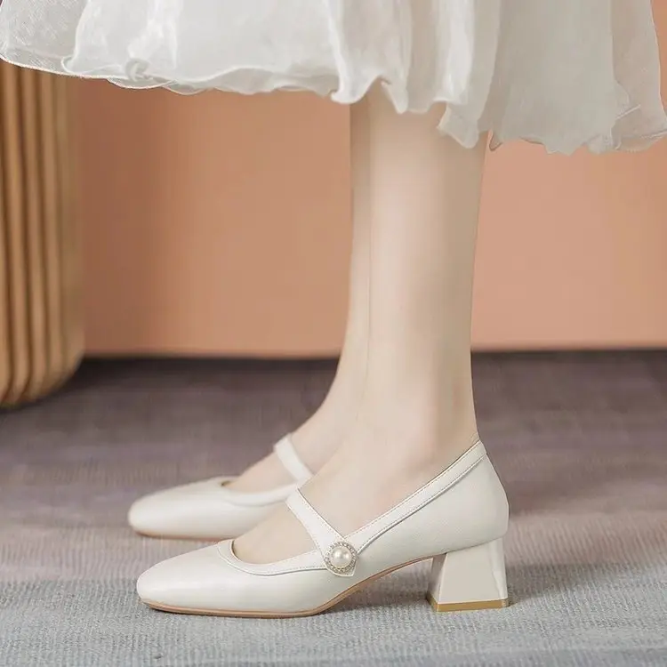 Women's White Square Toe Heel Mary Shoes 2025 Spring - Image 4