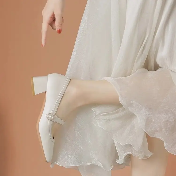 Women's White Square Toe Heel Mary Shoes 2025 Spring - Image 5