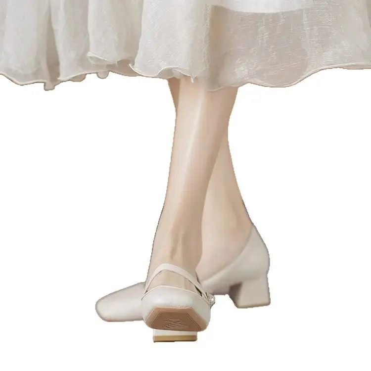 Women's White Square Toe Heel Mary Shoes 2025 Spring - Image 6