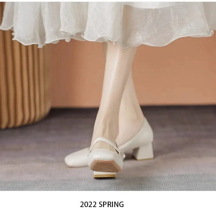 Women's White Square Toe Heel Mary Shoes 2025 Spring — feature 1