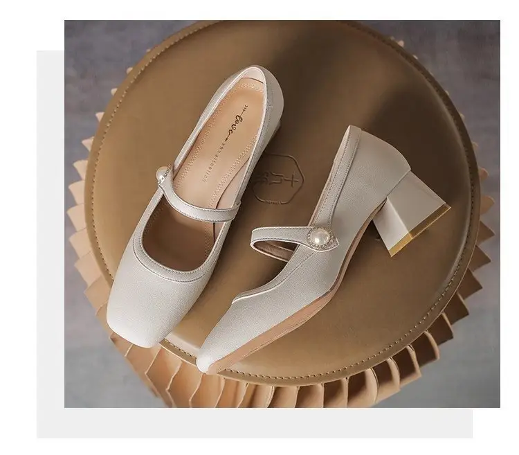 Women's White Square Toe Heel Mary Shoes 2025 Spring — feature 14