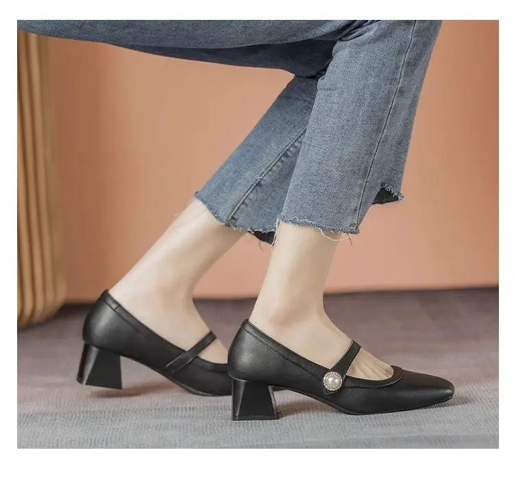 Women's White Square Toe Heel Mary Shoes 2025 Spring — feature 15