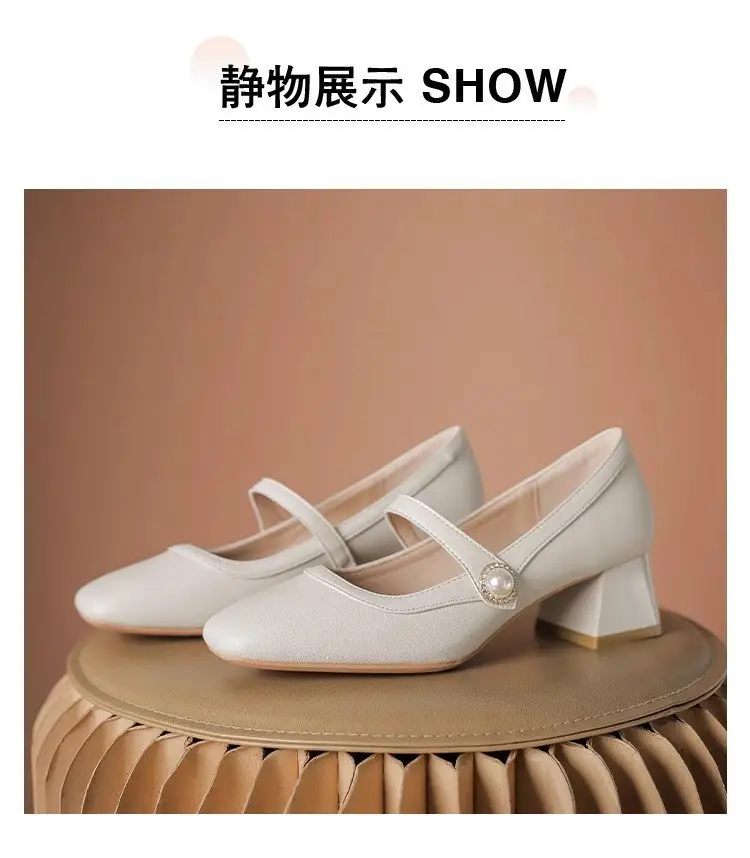 Women's White Square Toe Heel Mary Shoes 2025 Spring — feature 16