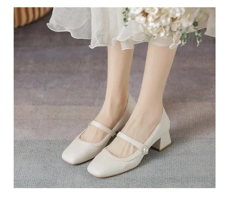 Women's White Square Toe Heel Mary Shoes 2025 Spring — feature 3