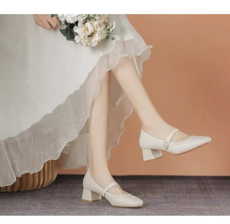 Women's White Square Toe Heel Mary Shoes 2025 Spring — feature 4