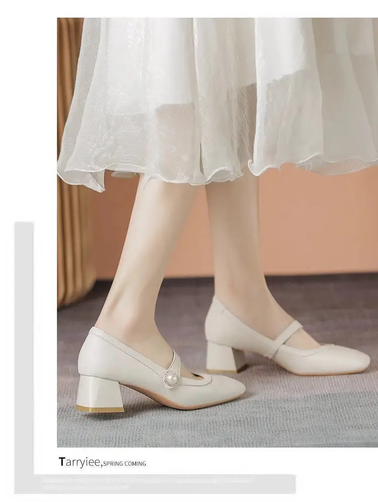 Women's White Square Toe Heel Mary Shoes 2025 Spring — feature 5