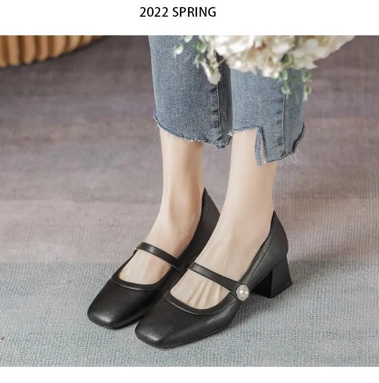 Women's White Square Toe Heel Mary Shoes 2025 Spring — feature 7