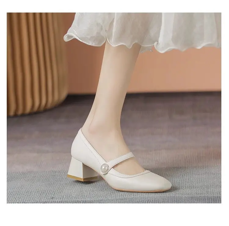 Women's White Square Toe Heel Mary Shoes 2025 Spring — feature 8