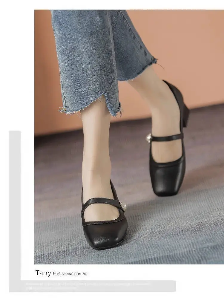 Women's White Square Toe Heel Mary Shoes 2025 Spring — feature 9