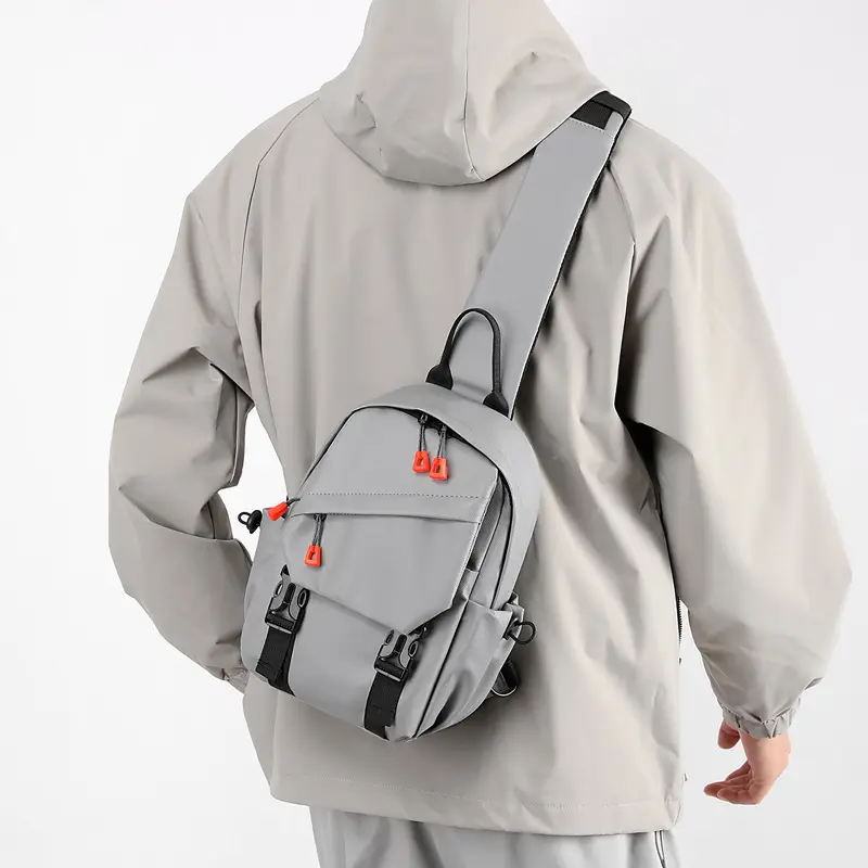 Men's Grey Shoulder Crossbody Backpack with Red Zippers