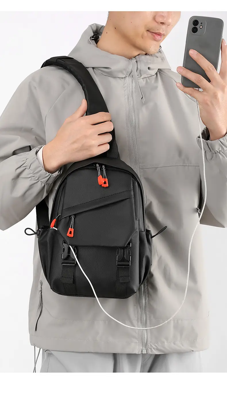 Men's Grey Shoulder Crossbody Backpack with Red Zippers — feature 19