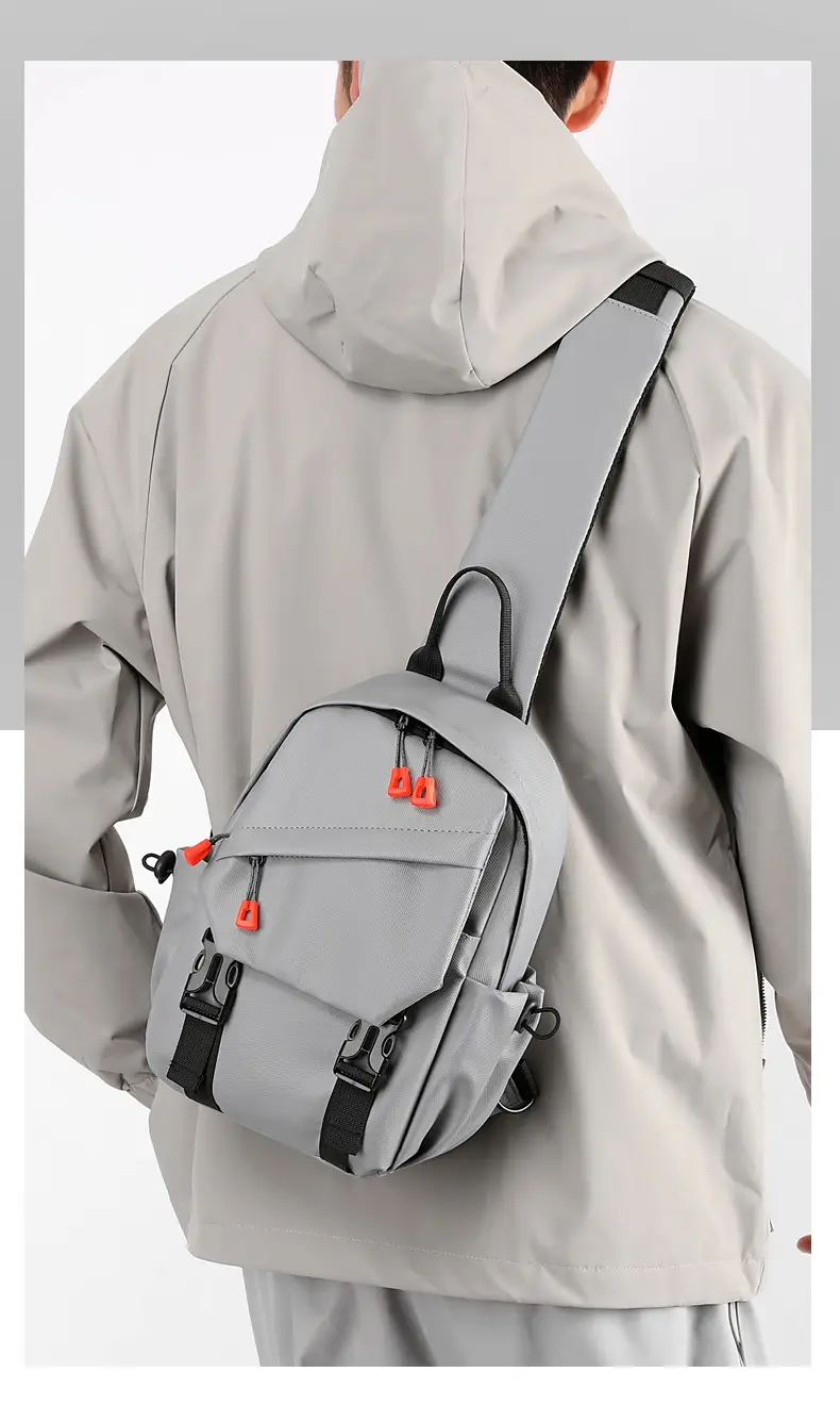 Men's Grey Shoulder Crossbody Backpack with Red Zippers — feature 8