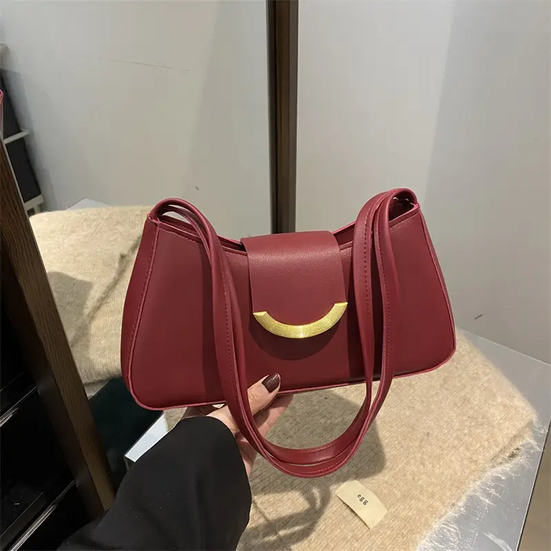 Women's Black Shoulder Bag with Gold Trim 2024 Spring