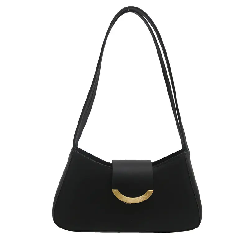 Women's Black Shoulder Bag with Gold Trim 2024 Spring