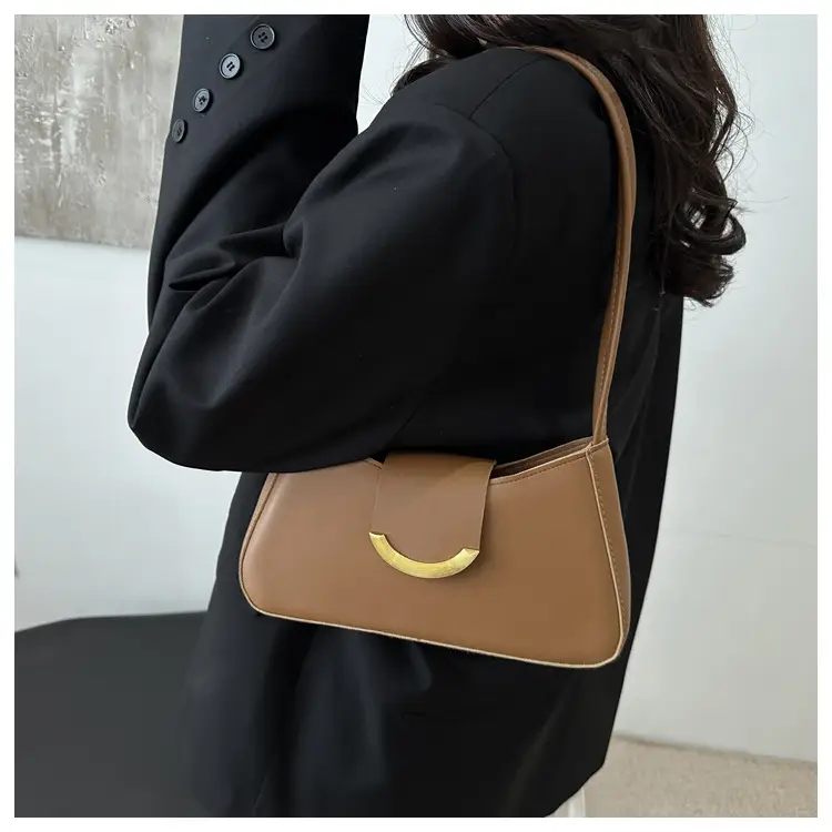 Women's Black Shoulder Bag with Gold Trim 2024 Spring — feature 13