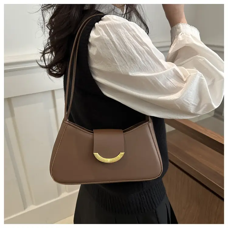 Women's Black Shoulder Bag with Gold Trim 2024 Spring — feature 17