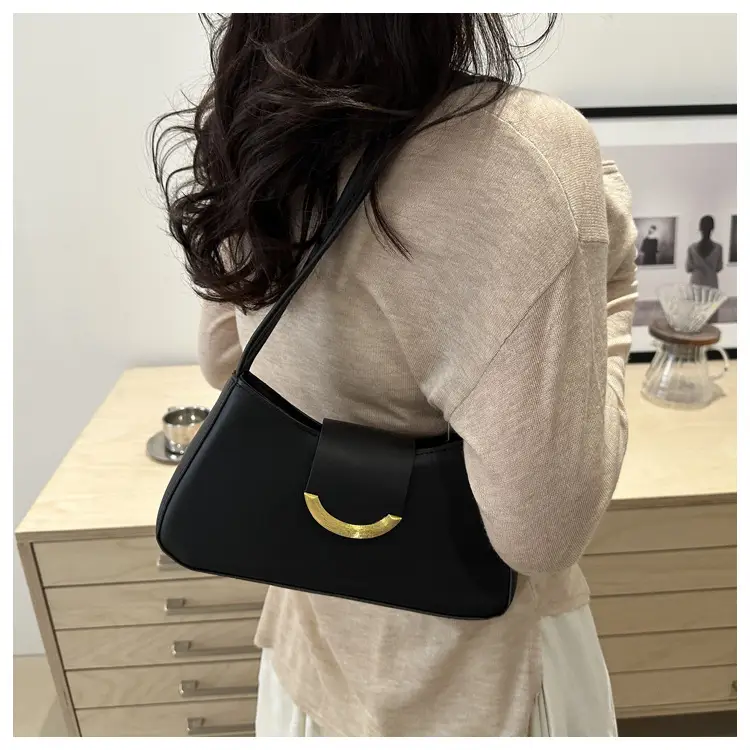 Women's Black Shoulder Bag with Gold Trim 2024 Spring — feature 20