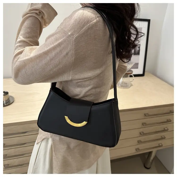 Women's Black Shoulder Bag with Gold Trim 2024 Spring — feature 21