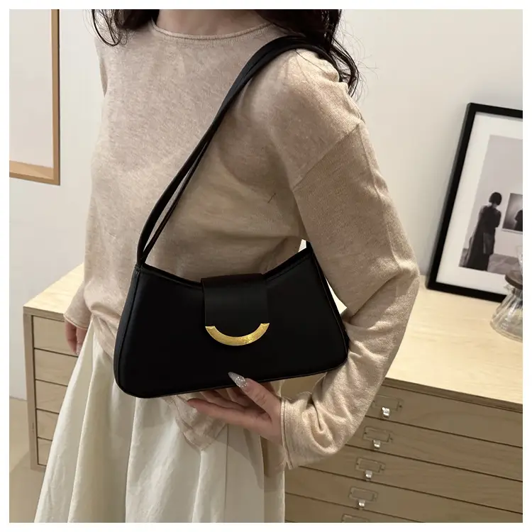 Women's Black Shoulder Bag with Gold Trim 2024 Spring — feature 22
