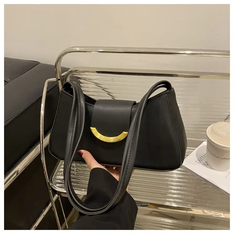 Women's Black Shoulder Bag with Gold Trim 2024 Spring — feature 27