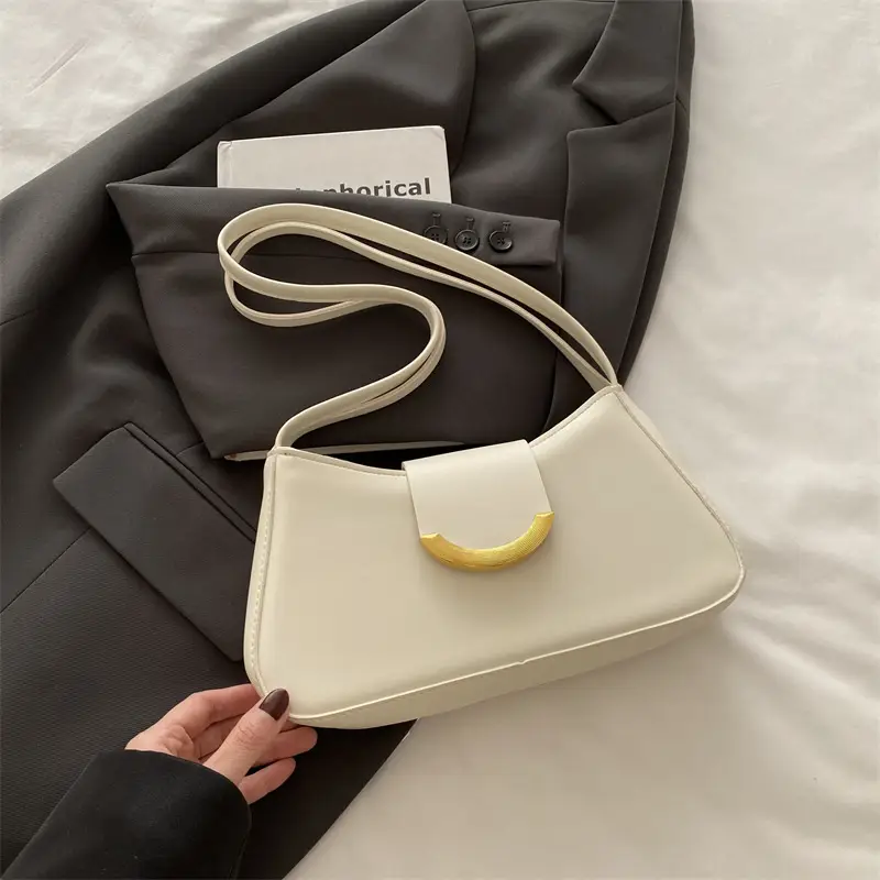 Women's Black Shoulder Bag with Gold Trim 2024 Spring