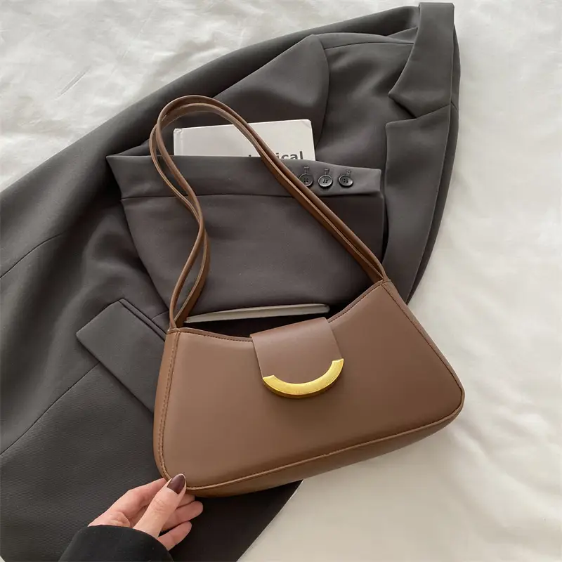 Women's Black Shoulder Bag with Gold Trim 2024 Spring