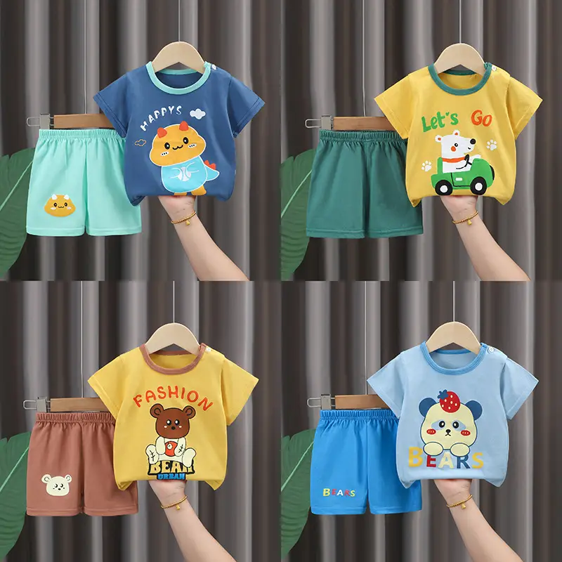Kids Cotton T-Shirt Shorts Set Blue Gray Summer - Image 33