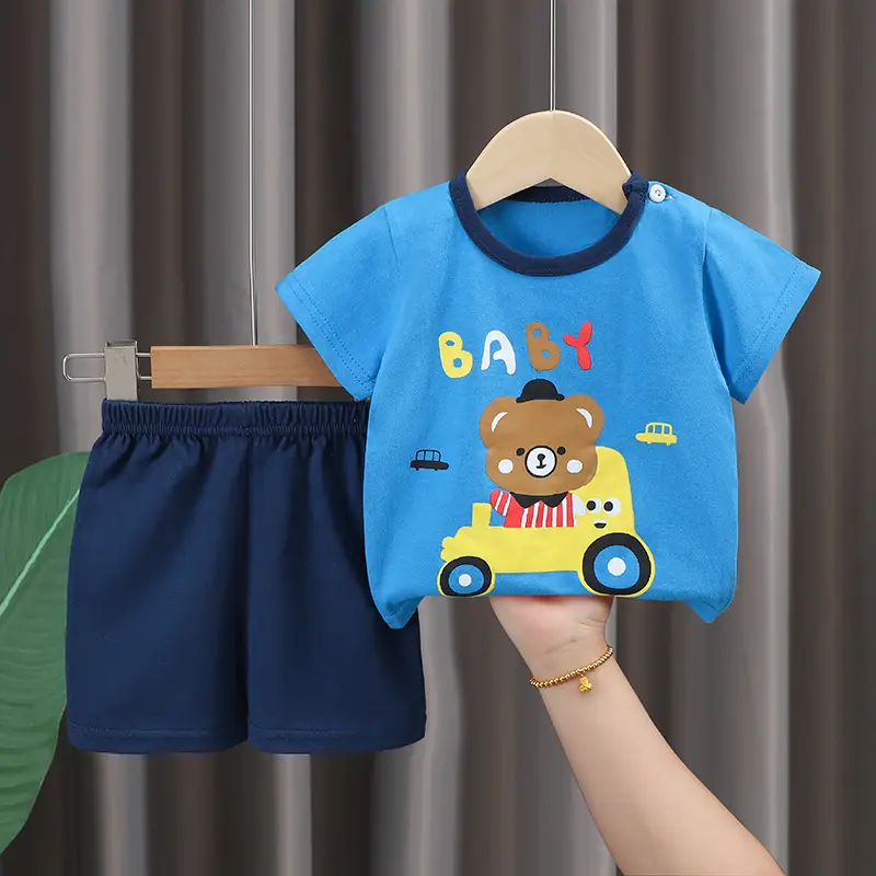 Kids Cotton T-Shirt Shorts Set Blue Gray Summer - Image 35