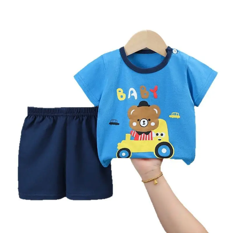 Kids Cotton T-Shirt Shorts Set Blue Gray Summer - Image 36