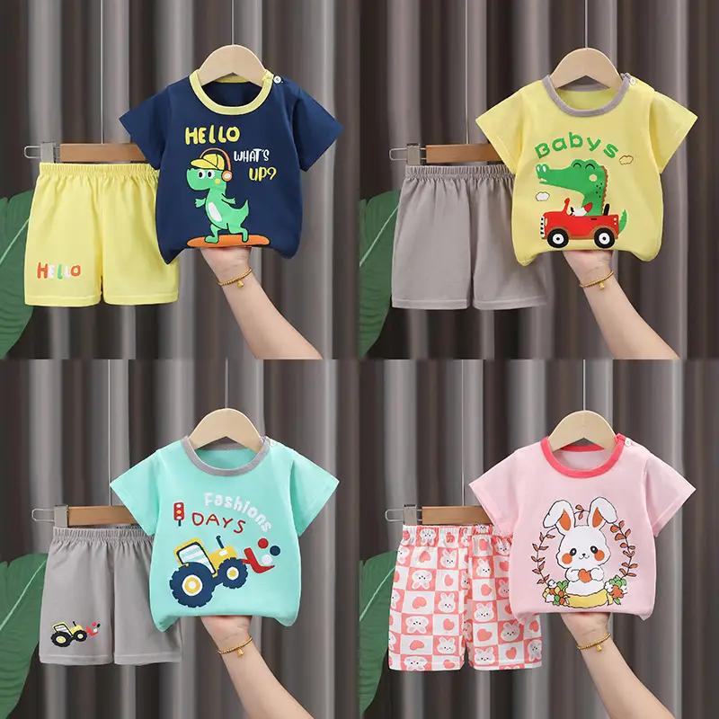 Kids Cotton T-Shirt Shorts Set Blue Gray Summer — feature 3