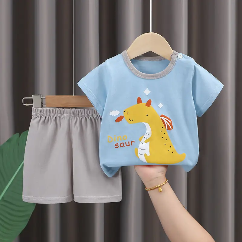 Kids Cotton T-Shirt Shorts Set Blue Gray Summer - Image 10