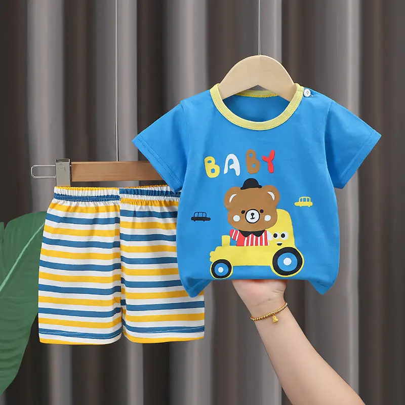 Kids Cotton T-Shirt Shorts Set Blue Gray Summer - Image 16