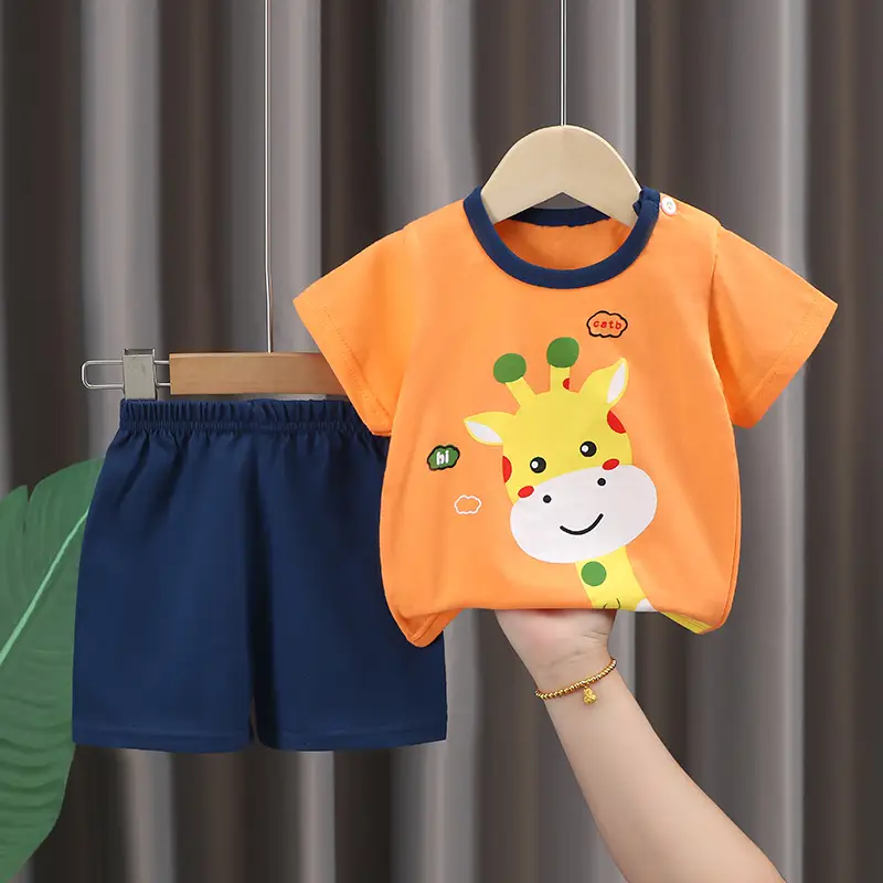 Kids Cotton T-Shirt Shorts Set Blue Gray Summer - Image 2