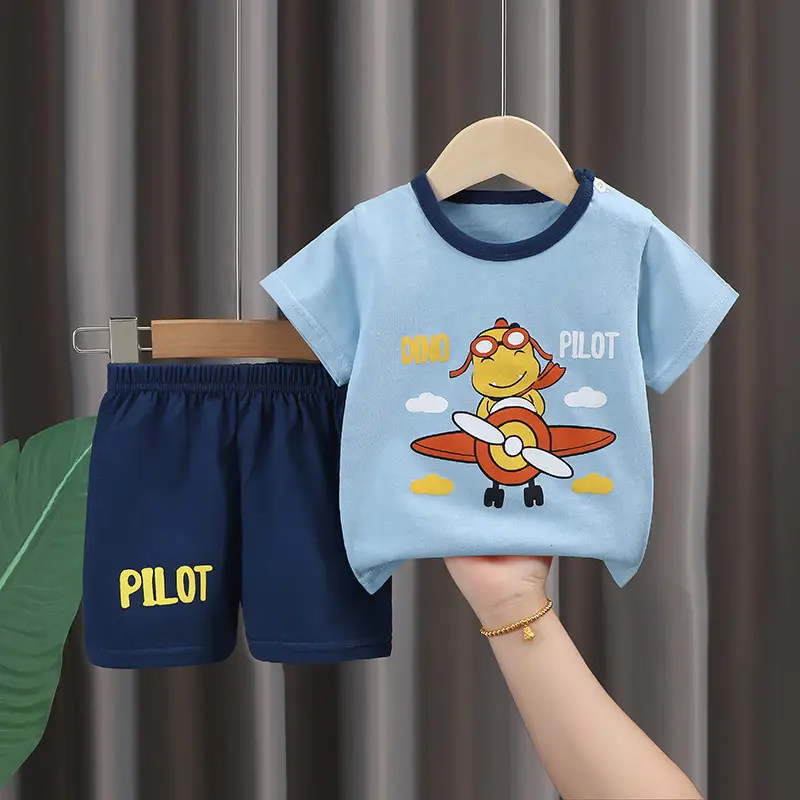 Kids Cotton T-Shirt Shorts Set Blue Gray Summer - Image 21