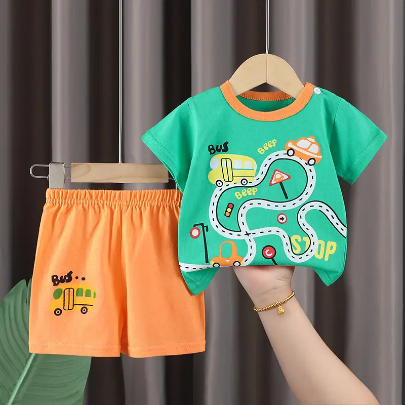 Kids Cotton T-Shirt Shorts Set Blue Gray Summer - Image 26