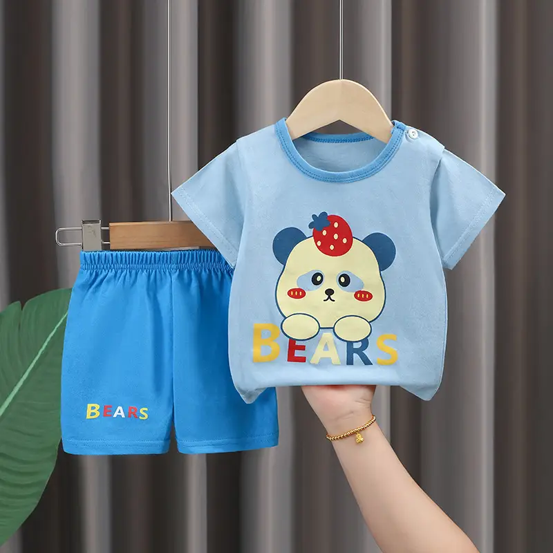 Kids Cotton T-Shirt Shorts Set Blue Gray Summer - Image 3