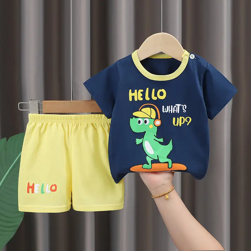Kids Cotton T-Shirt Shorts Set Blue Gray Summer - Image 6