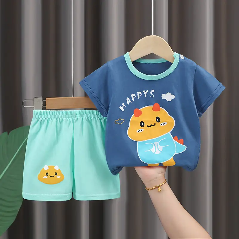 Kids Cotton T-Shirt Shorts Set Blue Gray Summer - Image 8