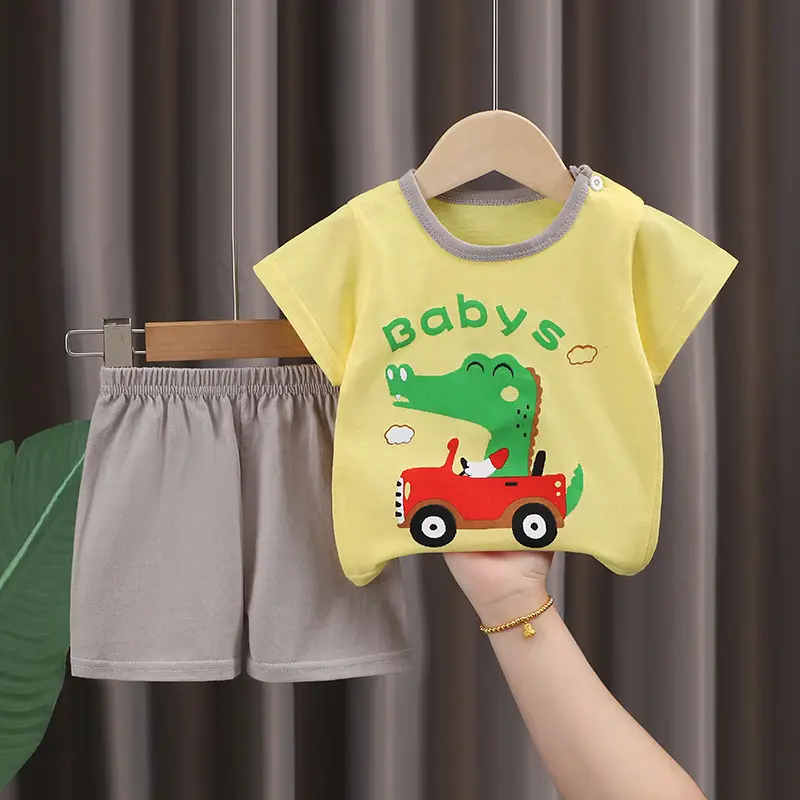 Kids Cotton T-Shirt Shorts Set Blue Gray Summer - Image 9